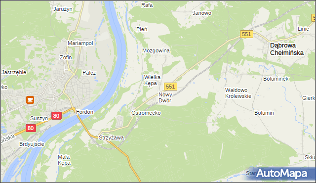 mapa Nowy Dwór gmina Dąbrowa Chełmińska, Nowy Dwór gmina Dąbrowa Chełmińska na mapie Targeo