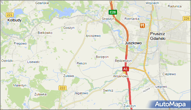 mapa Borzęcin gmina Pruszcz Gdański, Borzęcin gmina Pruszcz Gdański na mapie Targeo