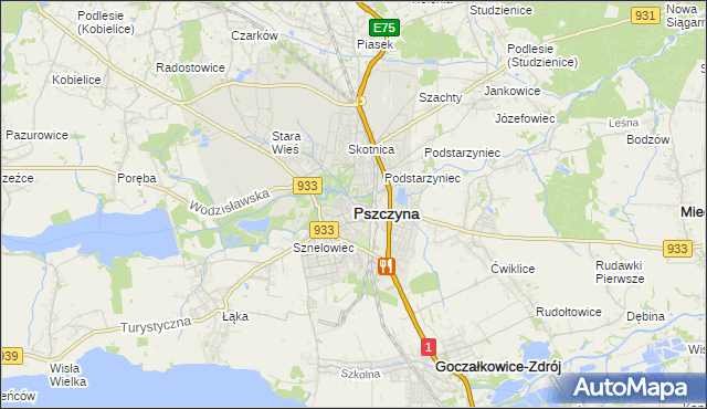 mapa Pszczyny, Pszczyna na mapie Targeo