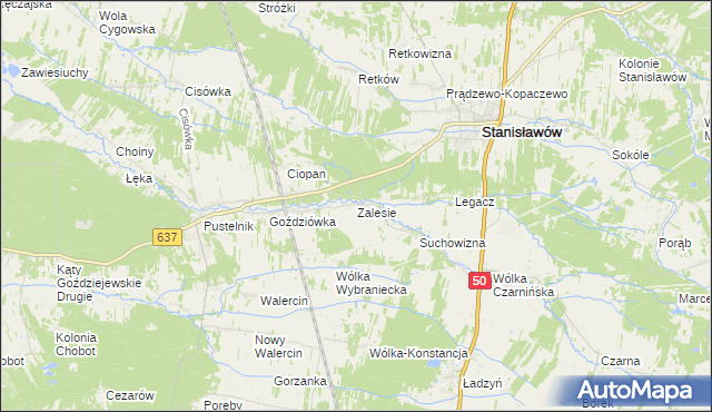 mapa Zalesie gmina Stanisławów, Zalesie gmina Stanisławów na mapie Targeo
