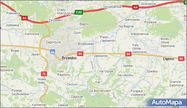 mapa Jadowniki gmina Brzesko, Jadowniki gmina Brzesko na mapie Targeo