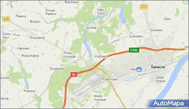 mapa Kozłowo gmina Świecie, Kozłowo gmina Świecie na mapie Targeo