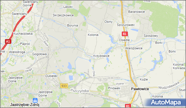 mapa Krzyżowice gmina Pawłowice, Krzyżowice gmina Pawłowice na mapie Targeo