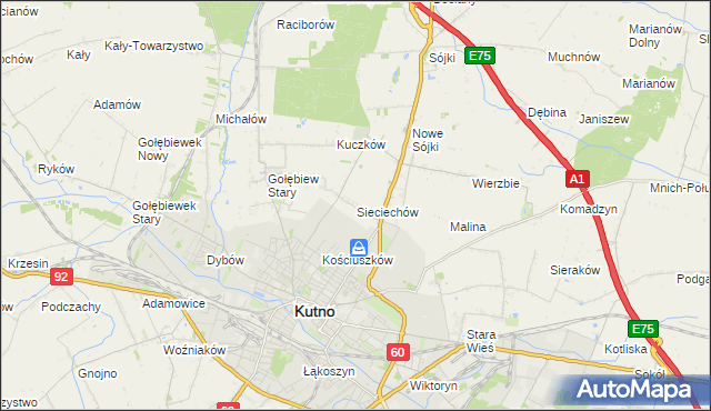 mapa Sieciechów gmina Kutno, Sieciechów gmina Kutno na mapie Targeo
