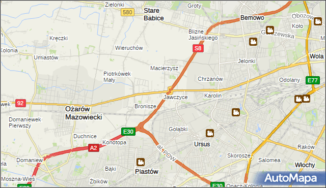 mapa Jawczyce gmina Ożarów Mazowiecki, Jawczyce gmina Ożarów Mazowiecki na mapie Targeo