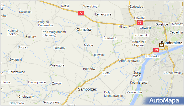 mapa Łojowice gmina Samborzec, Łojowice gmina Samborzec na mapie Targeo