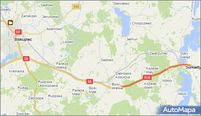 mapa Sadowo gmina Biskupiec, Sadowo gmina Biskupiec na mapie Targeo