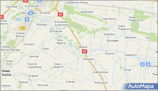 mapa Bielice gmina Sochaczew, Bielice gmina Sochaczew na mapie Targeo