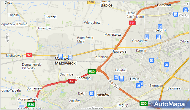 mapa Bronisze gmina Ożarów Mazowiecki, Bronisze gmina Ożarów Mazowiecki na mapie Targeo