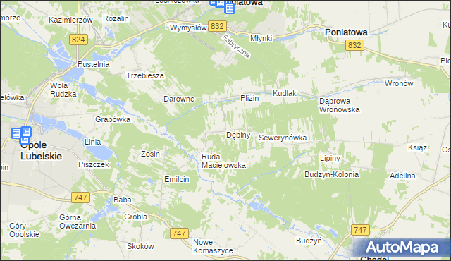 mapa Dębiny gmina Opole Lubelskie, Dębiny gmina Opole Lubelskie na mapie Targeo