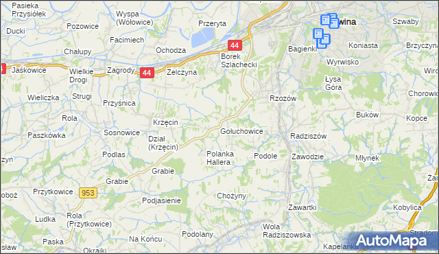 mapa Gołuchowice gmina Skawina, Gołuchowice gmina Skawina na mapie Targeo