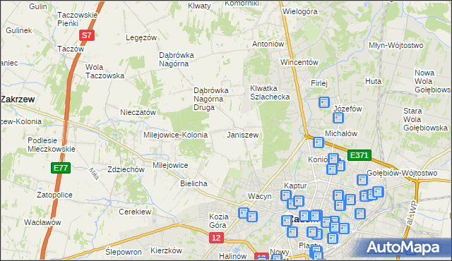 mapa Janiszew gmina Zakrzew, Janiszew gmina Zakrzew na mapie Targeo