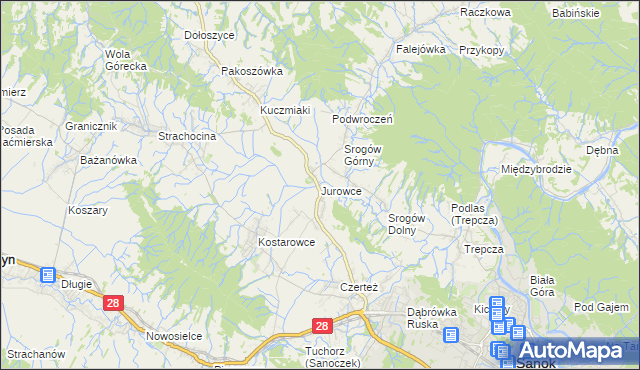 mapa Jurowce gmina Sanok, Jurowce gmina Sanok na mapie Targeo