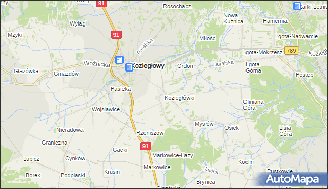 mapa Koziegłówki, Koziegłówki na mapie Targeo
