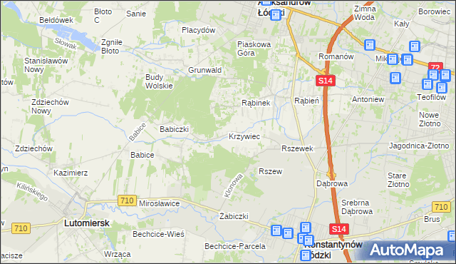 mapa Krzywiec gmina Aleksandrów Łódzki, Krzywiec gmina Aleksandrów Łódzki na mapie Targeo