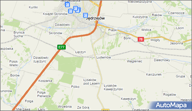 mapa Ludwinów gmina Jędrzejów, Ludwinów gmina Jędrzejów na mapie Targeo