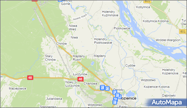 mapa Majdany gmina Kozienice, Majdany gmina Kozienice na mapie Targeo
