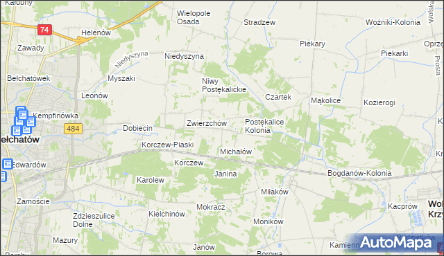 mapa Postękalice, Postękalice na mapie Targeo