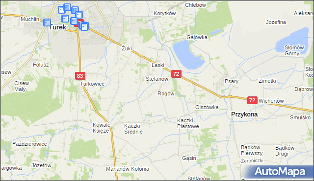 mapa Rogów gmina Przykona, Rogów gmina Przykona na mapie Targeo