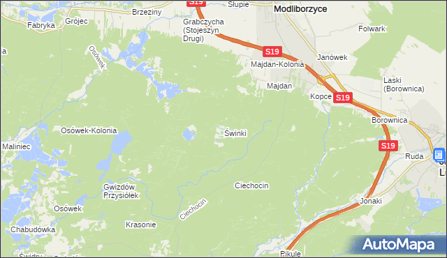 mapa Świnki gmina Modliborzyce, Świnki gmina Modliborzyce na mapie Targeo
