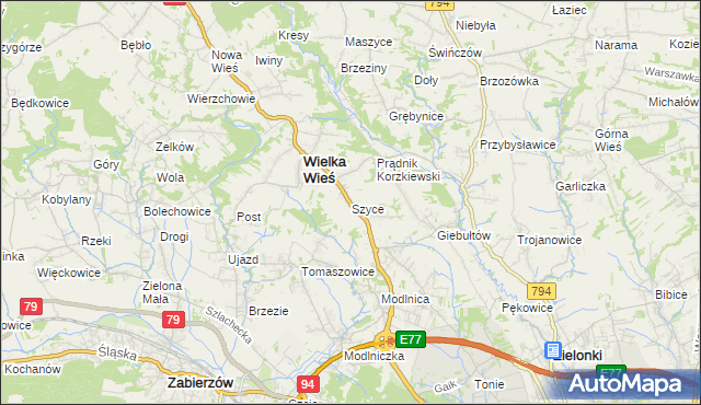 mapa Szyce gmina Wielka Wieś, Szyce gmina Wielka Wieś na mapie Targeo