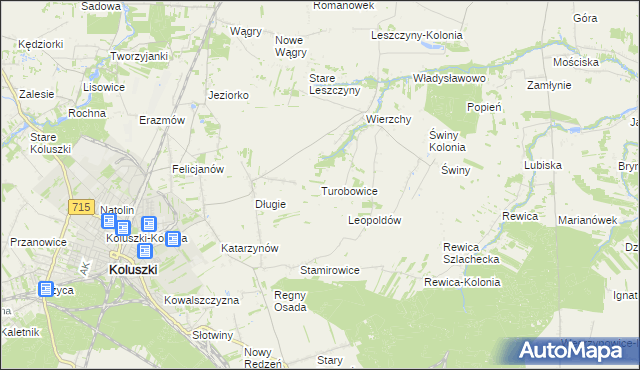 mapa Turobowice gmina Koluszki, Turobowice gmina Koluszki na mapie Targeo