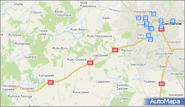 mapa Ujazdówek gmina Ciechanów, Ujazdówek gmina Ciechanów na mapie Targeo