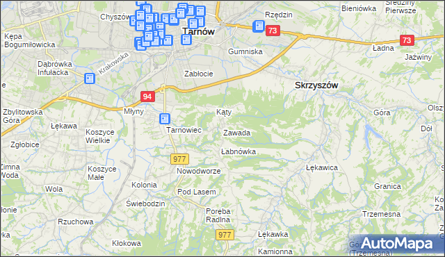 mapa Zawada gmina Tarnów, Zawada gmina Tarnów na mapie Targeo