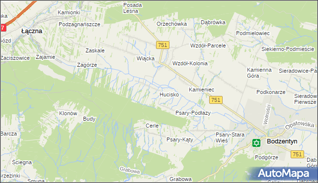 mapa Hucisko gmina Bodzentyn, Hucisko gmina Bodzentyn na mapie Targeo