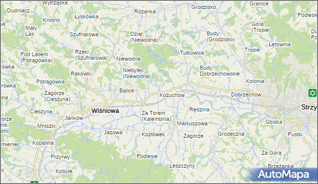 mapa Kożuchów gmina Wiśniowa, Kożuchów gmina Wiśniowa na mapie Targeo
