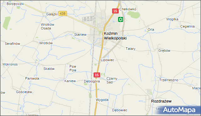 mapa Lipowiec gmina Koźmin Wielkopolski, Lipowiec gmina Koźmin Wielkopolski na mapie Targeo