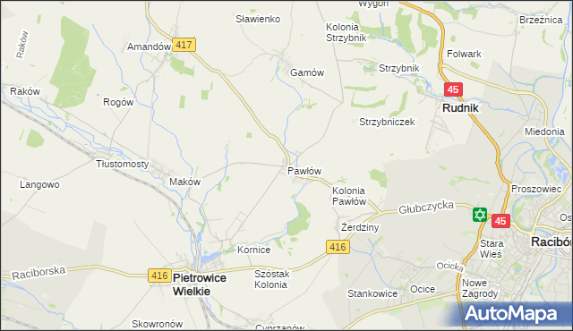 mapa Pawłów gmina Pietrowice Wielkie, Pawłów gmina Pietrowice Wielkie na mapie Targeo