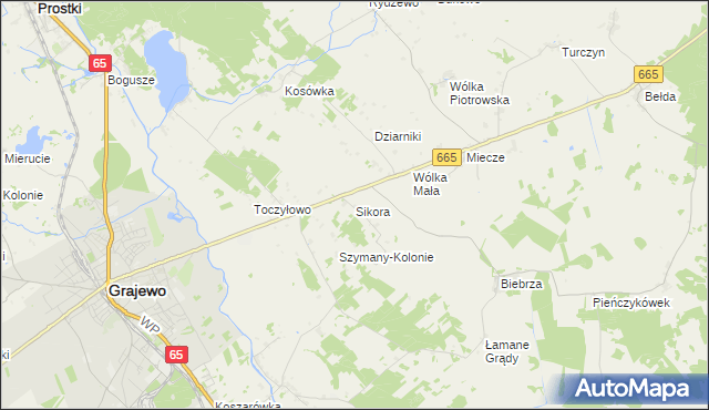 mapa Sikora gmina Grajewo, Sikora gmina Grajewo na mapie Targeo