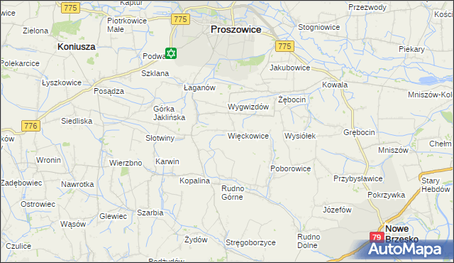mapa Więckowice gmina Proszowice, Więckowice gmina Proszowice na mapie Targeo