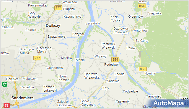 mapa Wrzawy gmina Gorzyce, Wrzawy gmina Gorzyce na mapie Targeo