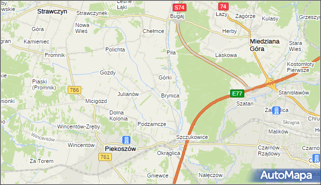 mapa Brynica gmina Piekoszów, Brynica gmina Piekoszów na mapie Targeo