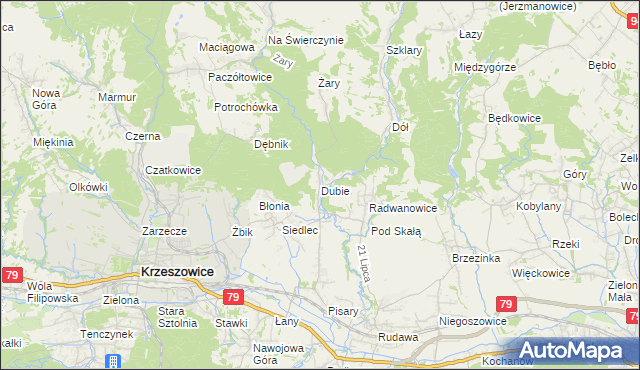 mapa Dubie gmina Krzeszowice, Dubie gmina Krzeszowice na mapie Targeo