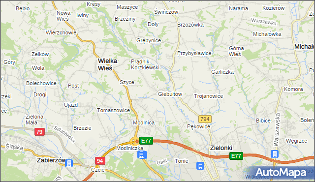 mapa Giebułtów gmina Wielka Wieś, Giebułtów gmina Wielka Wieś na mapie Targeo