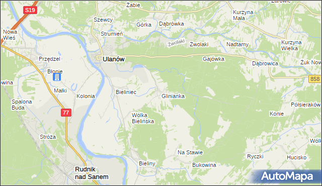 mapa Glinianka gmina Ulanów, Glinianka gmina Ulanów na mapie Targeo