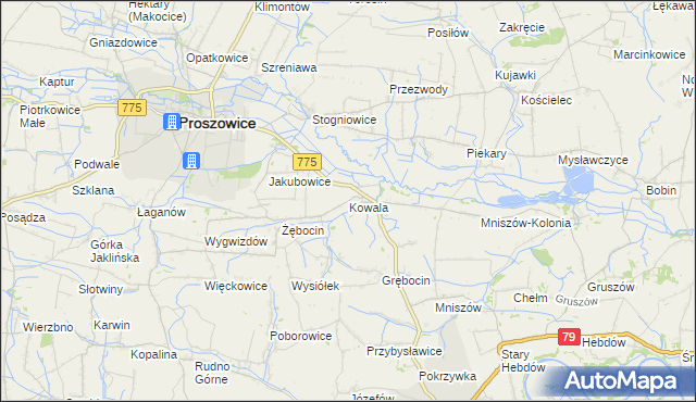 mapa Kowala gmina Proszowice, Kowala gmina Proszowice na mapie Targeo