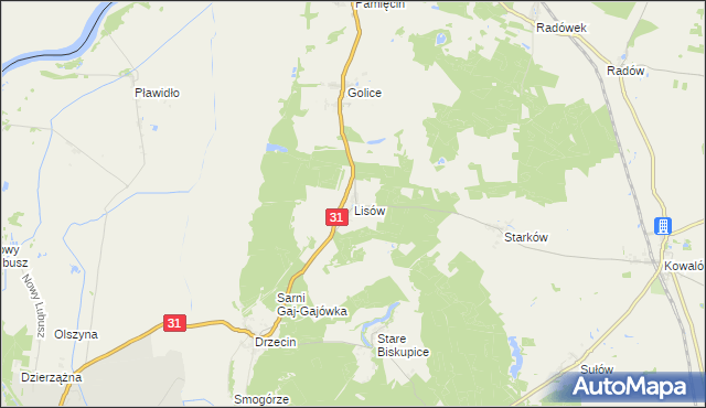 mapa Lisów gmina Słubice, Lisów gmina Słubice na mapie Targeo
