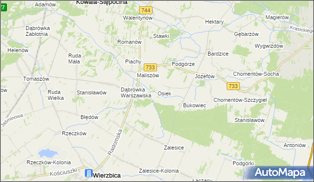 mapa Osiek gmina Kowala, Osiek gmina Kowala na mapie Targeo