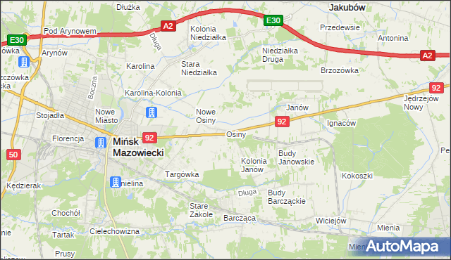 mapa Osiny gmina Mińsk Mazowiecki, Osiny gmina Mińsk Mazowiecki na mapie Targeo