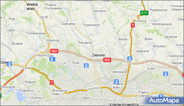 mapa Zielonki powiat krakowski, Zielonki powiat krakowski na mapie Targeo