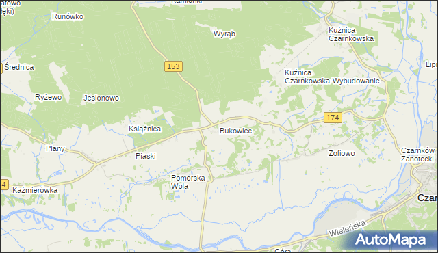mapa Bukowiec gmina Czarnków, Bukowiec gmina Czarnków na mapie Targeo