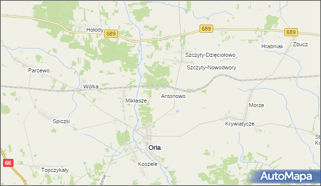 mapa Antonowo gmina Orla, Antonowo gmina Orla na mapie Targeo