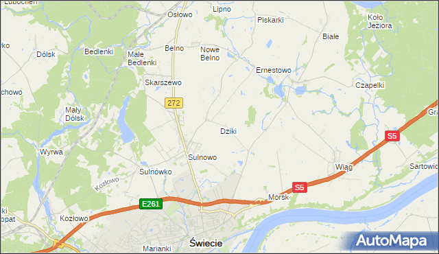 mapa Dziki gmina Świecie, Dziki gmina Świecie na mapie Targeo