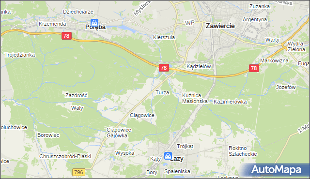 mapa Turza gmina Łazy, Turza gmina Łazy na mapie Targeo