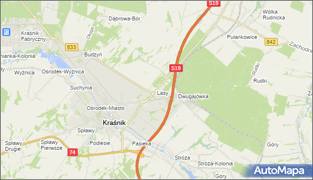 mapa Lasy gmina Kraśnik, Lasy gmina Kraśnik na mapie Targeo