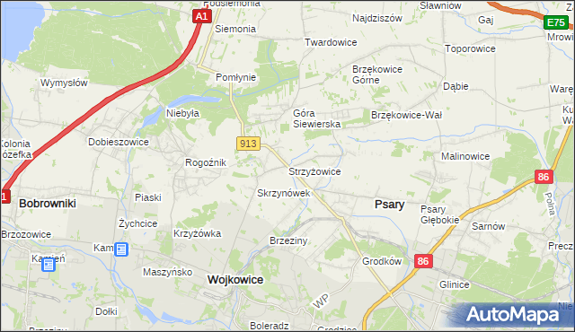 mapa Strzyżowice gmina Psary, Strzyżowice gmina Psary na mapie Targeo
